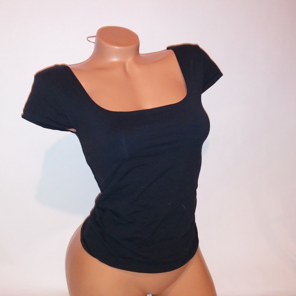 Victoria Secret PINK Top Medium Solid Black Square Neckline Cap Sleeve Fitted